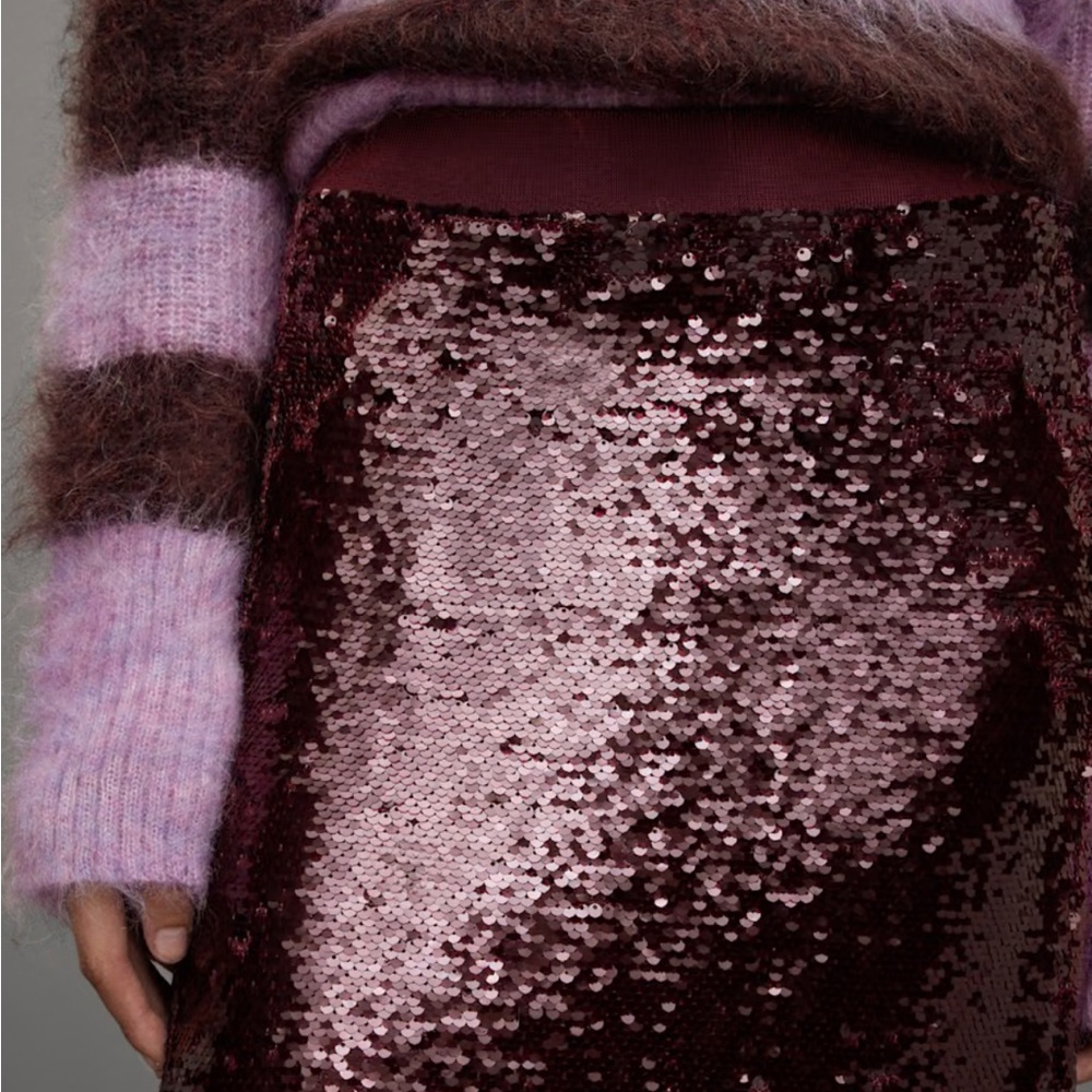 All Saints Burgundy Sequin Pencil Skirt